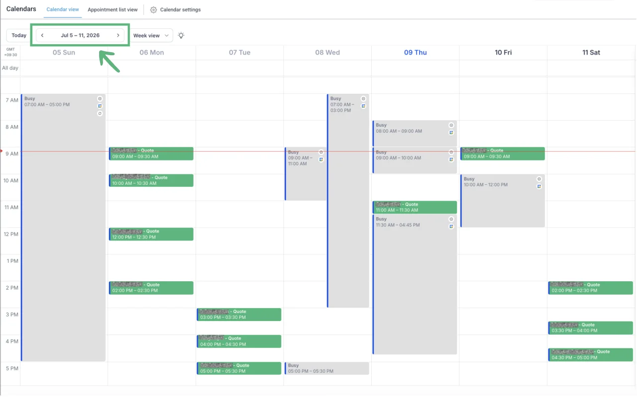 Calendar populated with booked appointments