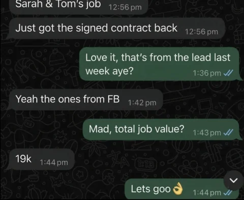 Client message confirming a $19,000 job from Facebook ads
