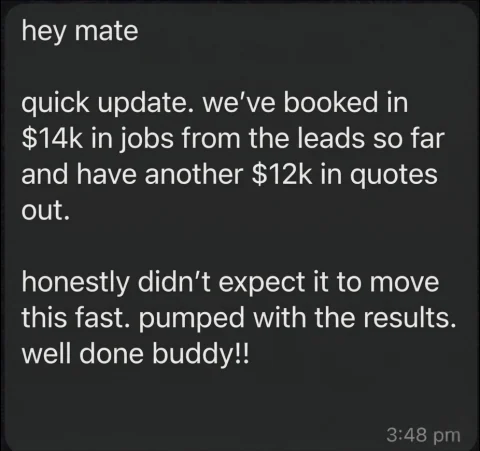 Client update showing $14,000 booked and $12,000 in quotes