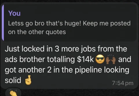Client message confirming three jobs worth $14,000